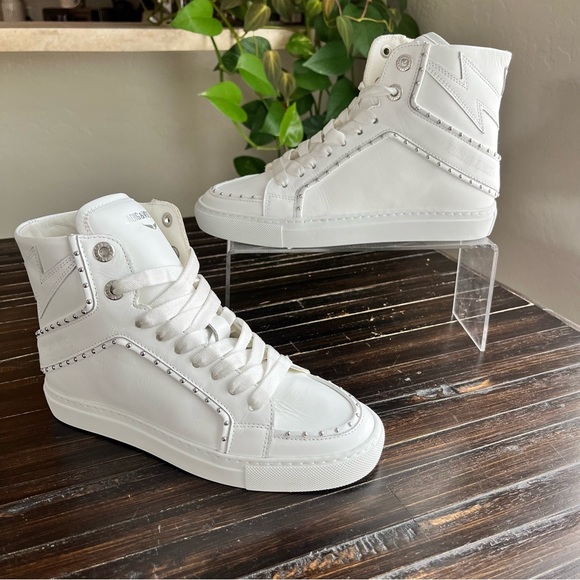 ZADIG & VOLTAIRE ZV1747 High Flash Studded Leather Sneakers in Off White NEW - Picture 3 of 14